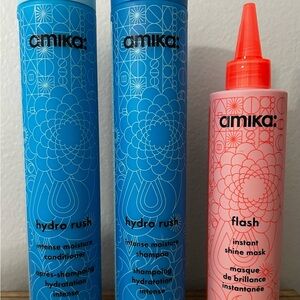 Amika Hydro Rush Blue Shampoo and Conditioner with Pink Shine Mask